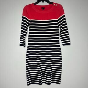 Talbots Breton Stripe Sheath Knit Dress Red Navy Small Petite Nautical Preppy